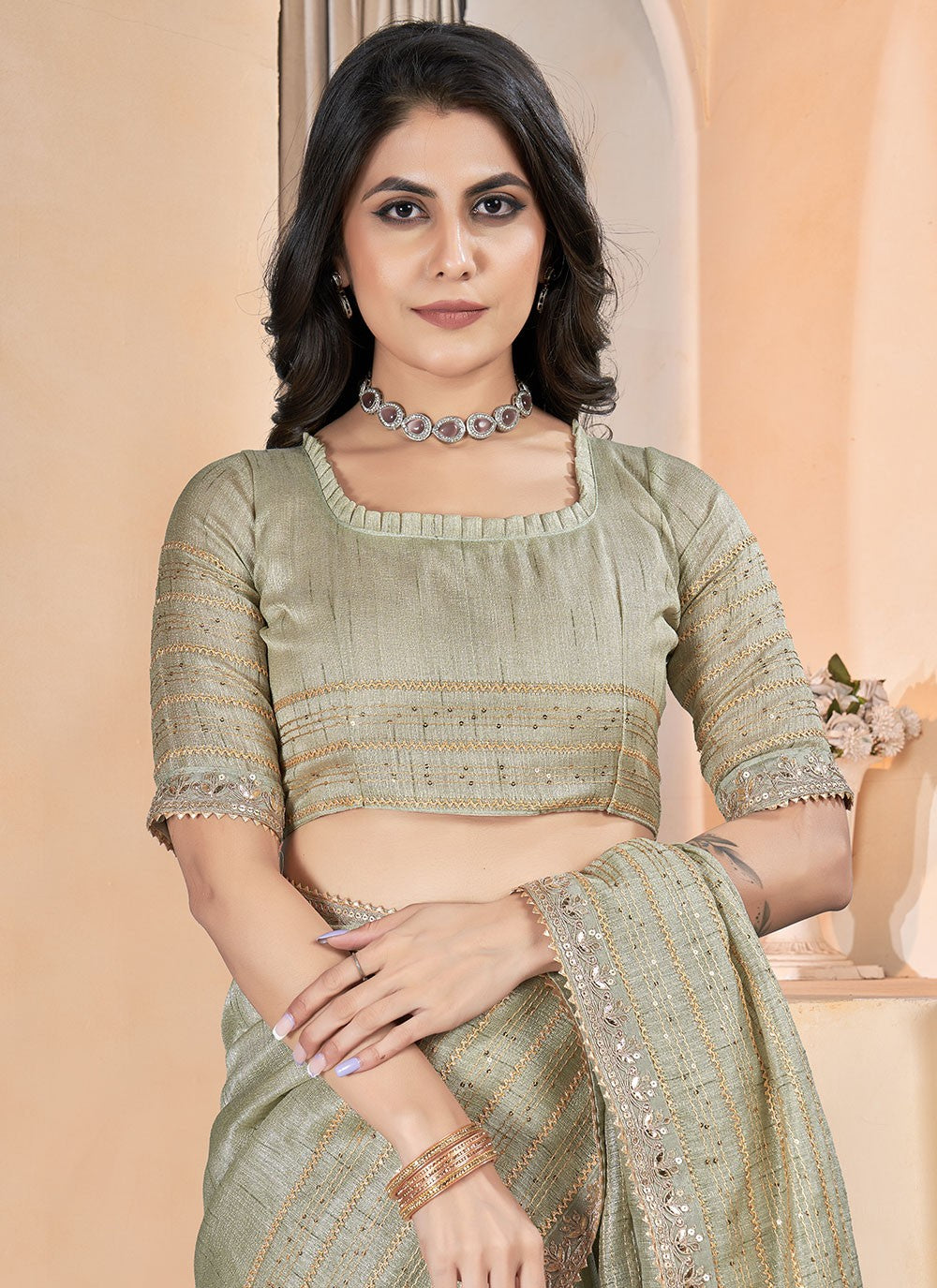 Classic Gota Patti Linen Saree - S6981