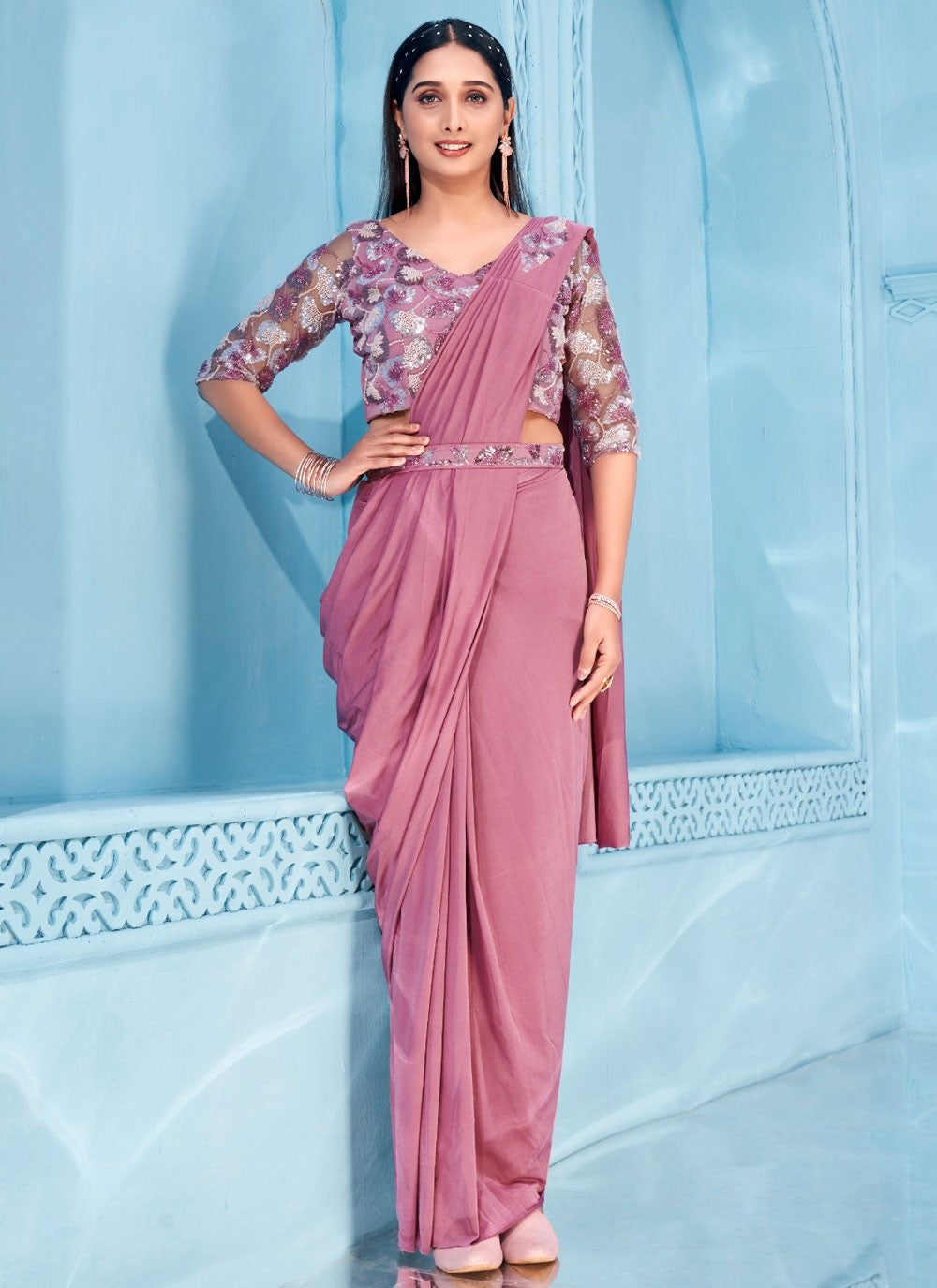 Contemporary Plain Pink Lycra Saree S12877