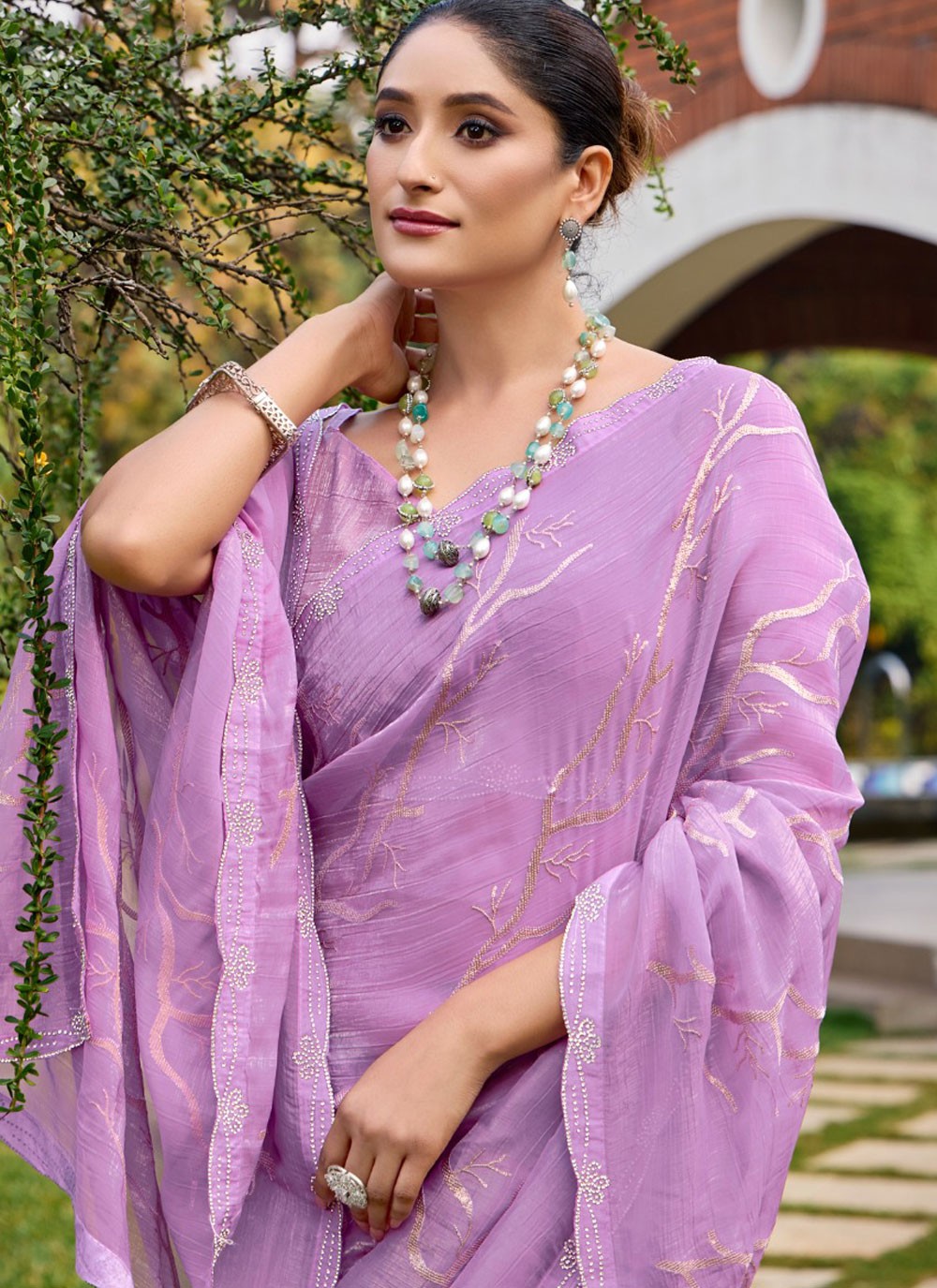 Contemporary Swarovski Lavender, Pink Silk Saree S13466