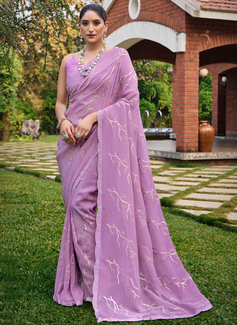 Contemporary Swarovski Lavender, Pink Silk Saree S13466