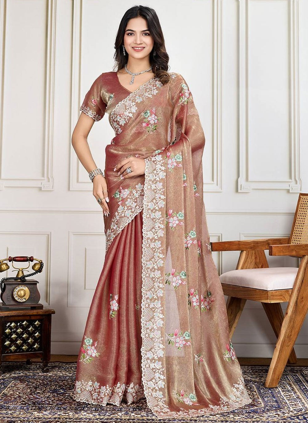 Cut Work Silk Brown Saree S14226