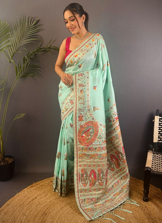 Aqua Blue Pashmina Contemporary Saree Weaving Zari S17667