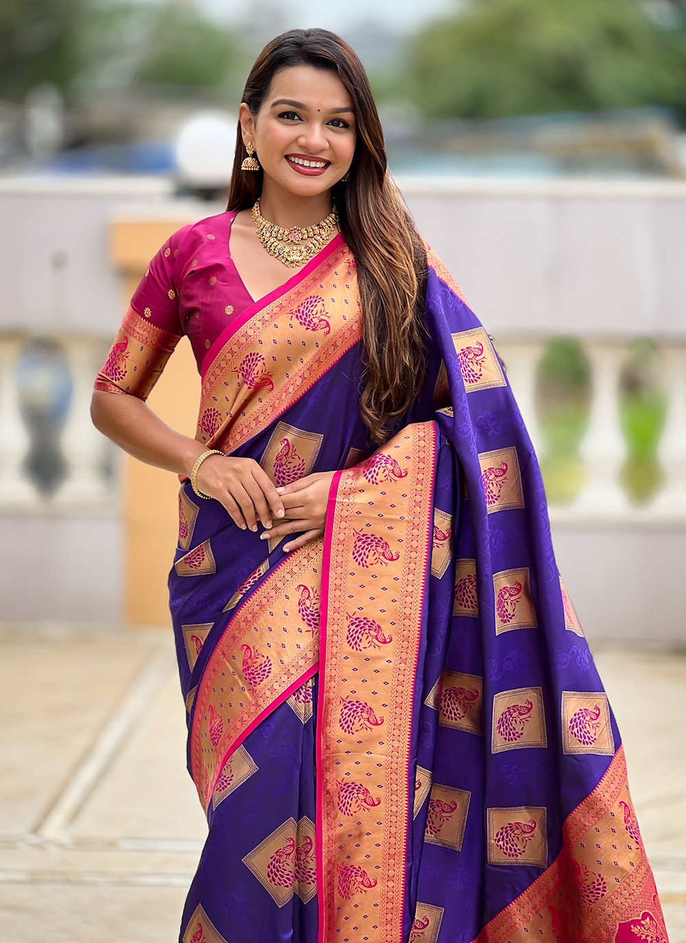 Violet Banarasi Silk Contemporary Saree Meenakari S18782