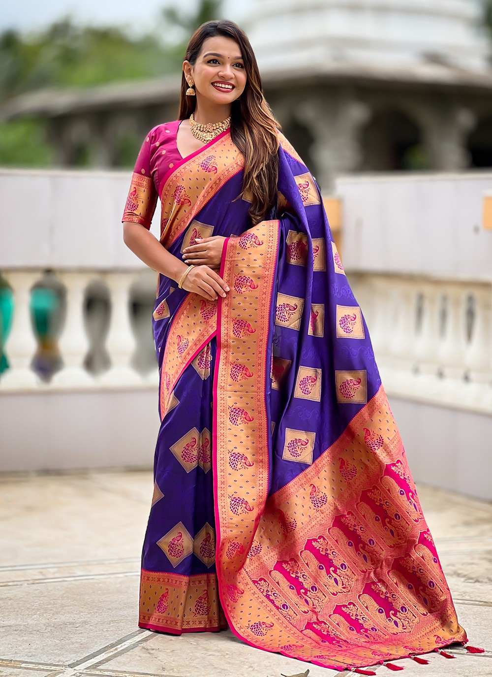 Violet Banarasi Silk Contemporary Saree Meenakari S18782