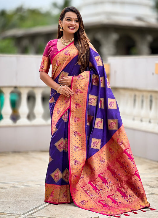 Violet Banarasi Silk Contemporary Saree Meenakari S18782