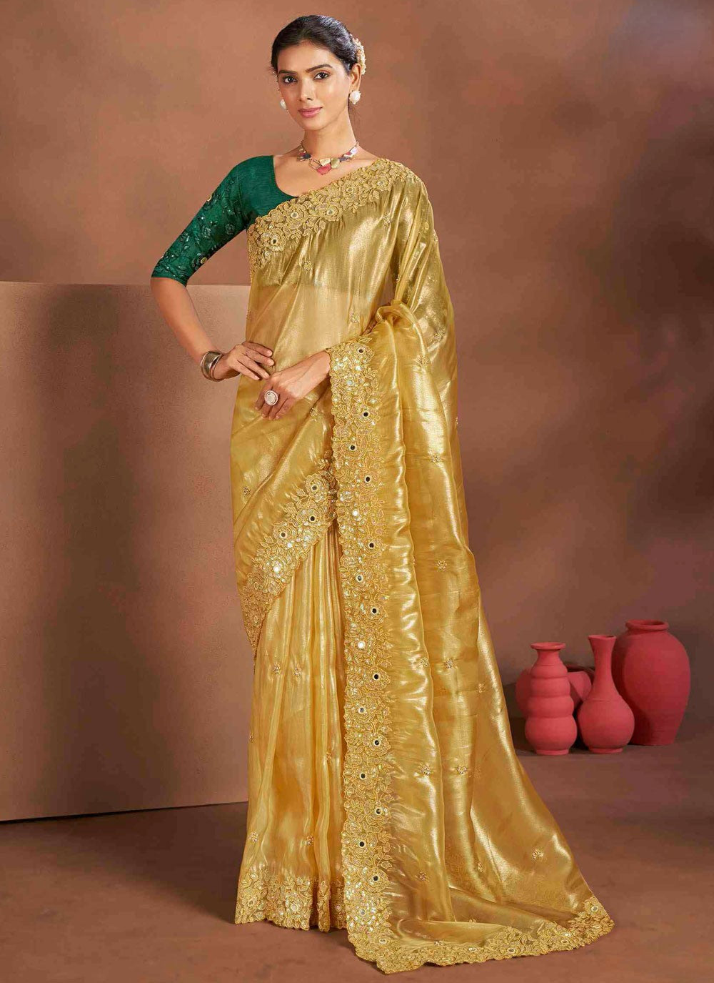 Contemporary Embroidered Yellow Silk Saree S13384