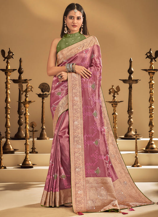 Pink Silk Contemporary Saree Embroidered, Fancy Work, Stones, Swarovski, Weaving Zari, Zari S19456