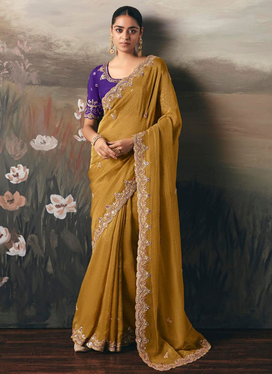 Mustard Tissue Contemporary Saree Embroidered, Resham, Thread S20401