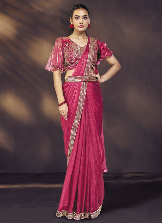 Pink Satin Silk Contemporary Saree Embroidered, Khatli Work S20471