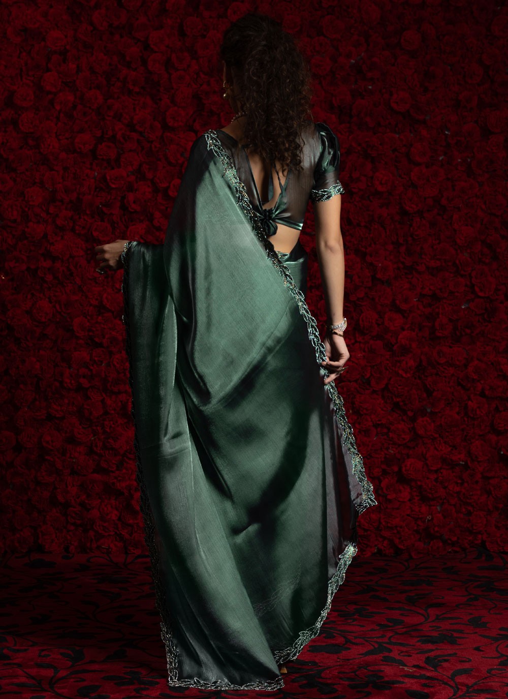 Teal Chiffon Contemporary Saree Hand Embroidery, Zircon S17801