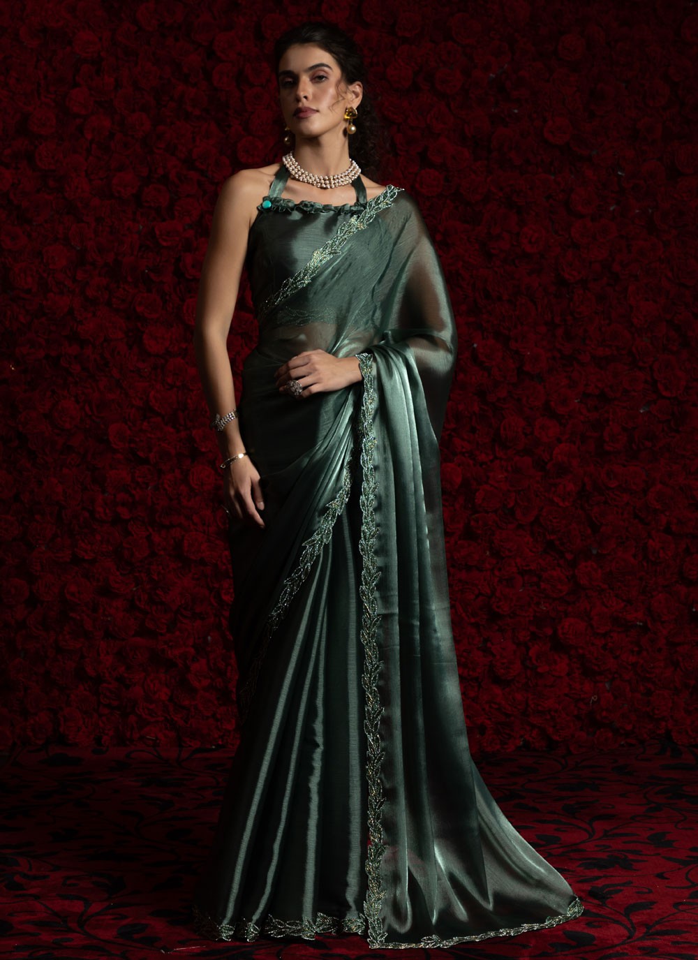 Teal Chiffon Contemporary Saree Hand Embroidery, Zircon S17801