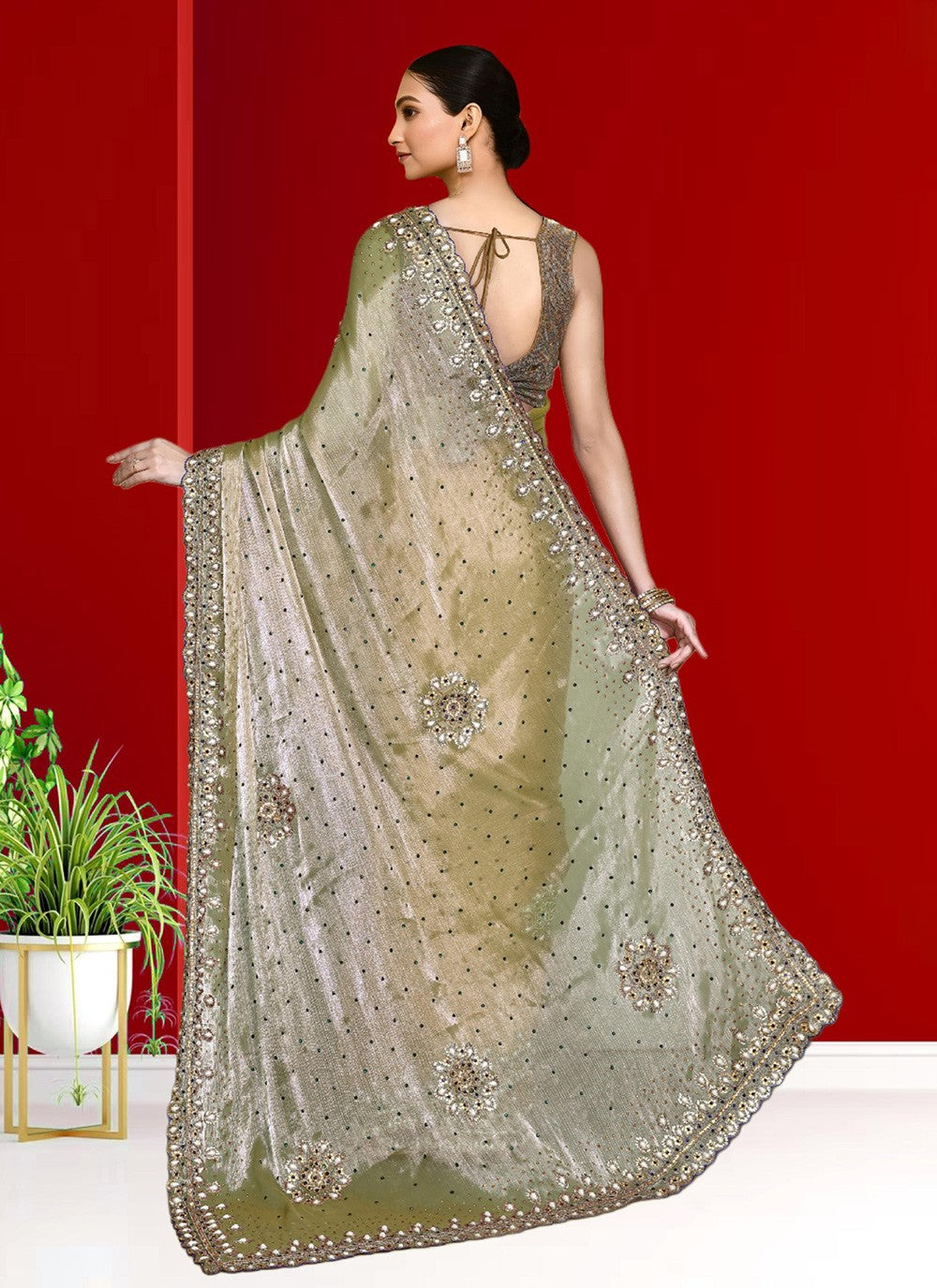 Hand Embroidery Jimmy Chu Beige Saree S14269