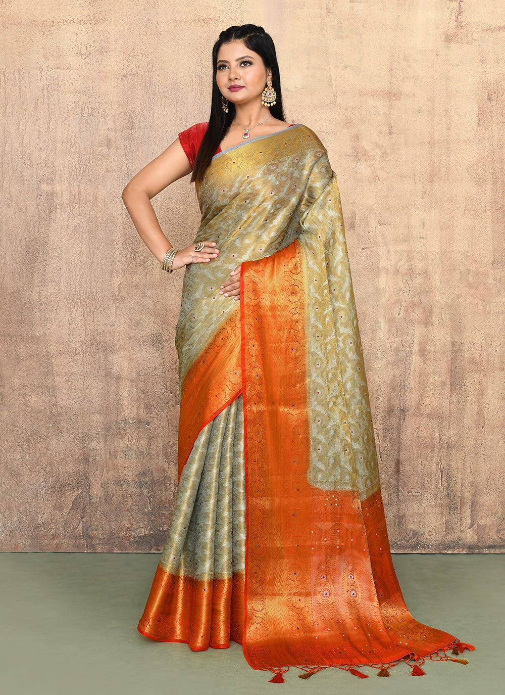 Contemporary Hand Embroidery Grey Kanjivaram Silk Saree S13108