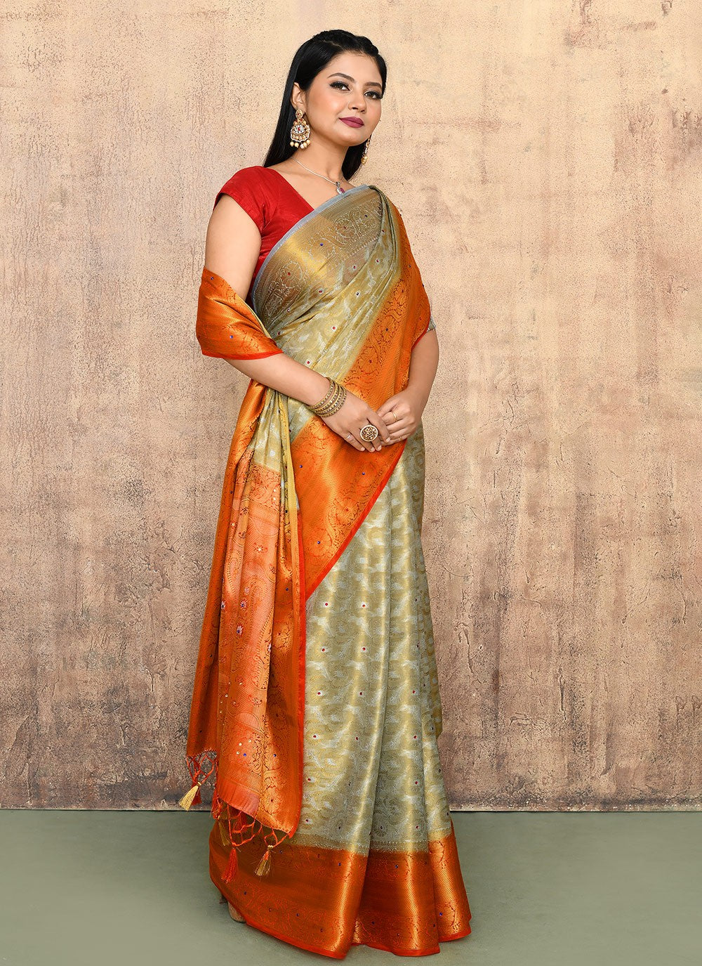 Contemporary Hand Embroidery Grey Kanjivaram Silk Saree S13108