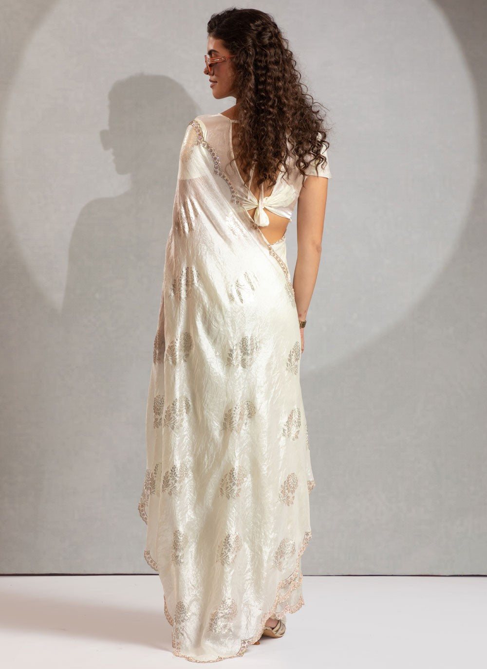 White Satin Silk Contemporary Saree Hand Embroidery, Zircon S17834