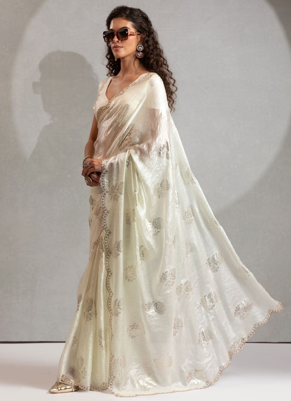 White Satin Silk Contemporary Saree Hand Embroidery, Zircon S17834