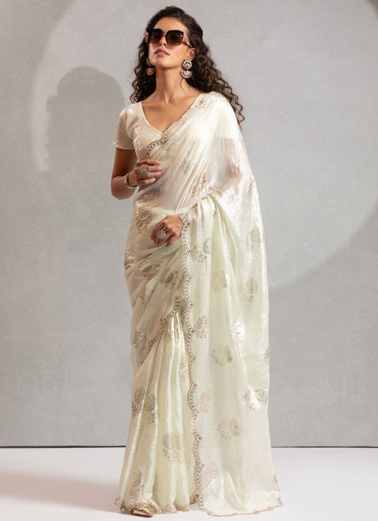 White Satin Silk Contemporary Saree Hand Embroidery, Zircon S17834