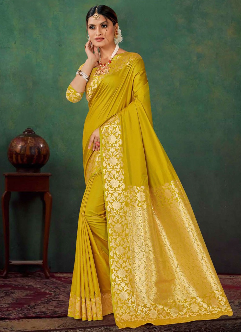 Contemporary Jacquard Work Green, Mustard Silk Saree S12887