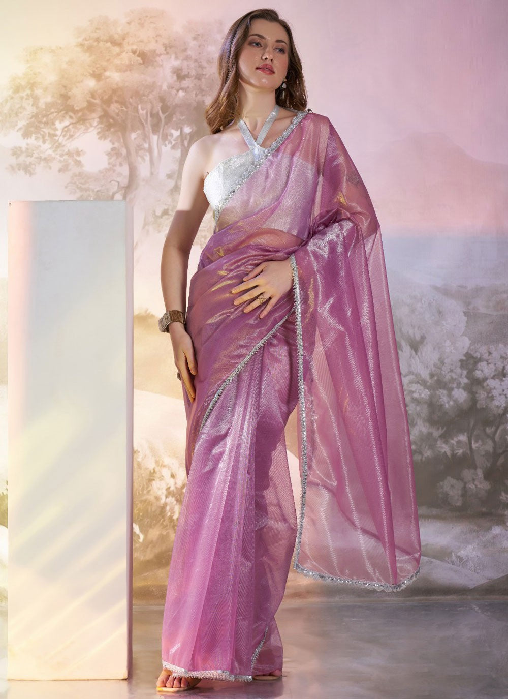 Contemporary Border Work Magenta, Purple Net Saree S13591
