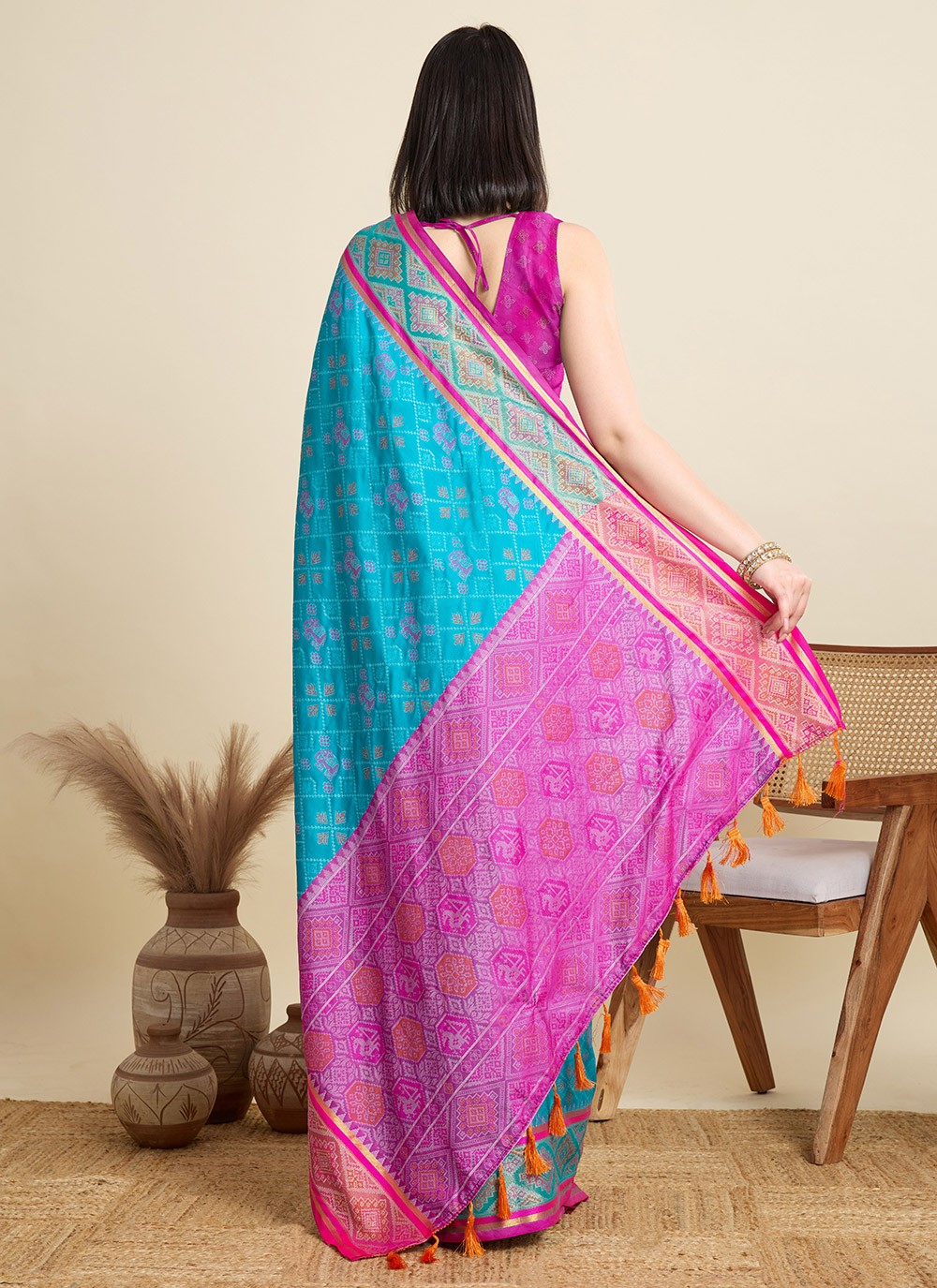 Aqua Blue Patola Silk Contemporary Saree Meenakari S15940
