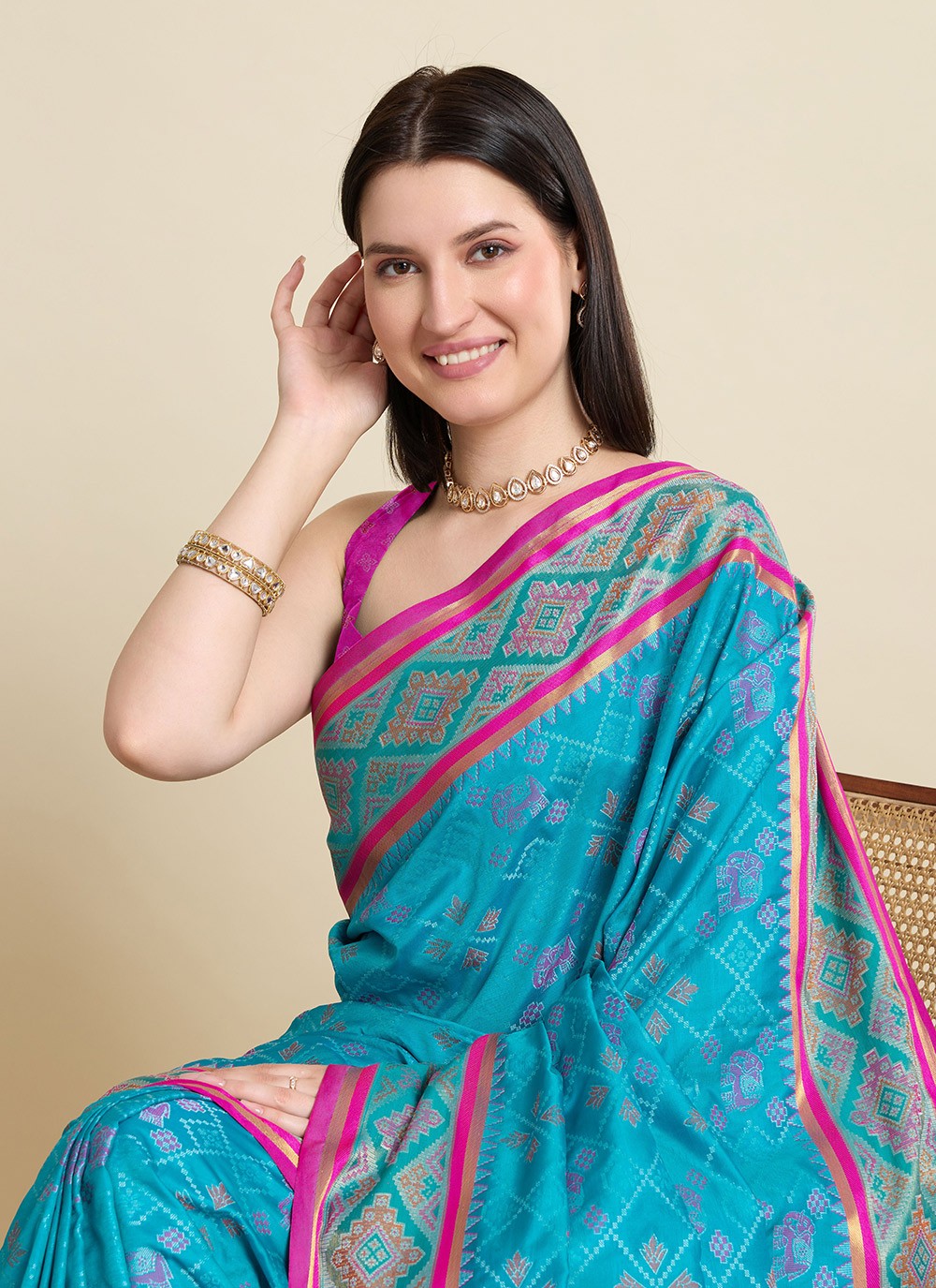 Aqua Blue Patola Silk Contemporary Saree Meenakari S15940