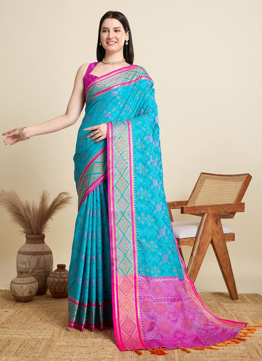 Aqua Blue Patola Silk Contemporary Saree Meenakari S15940