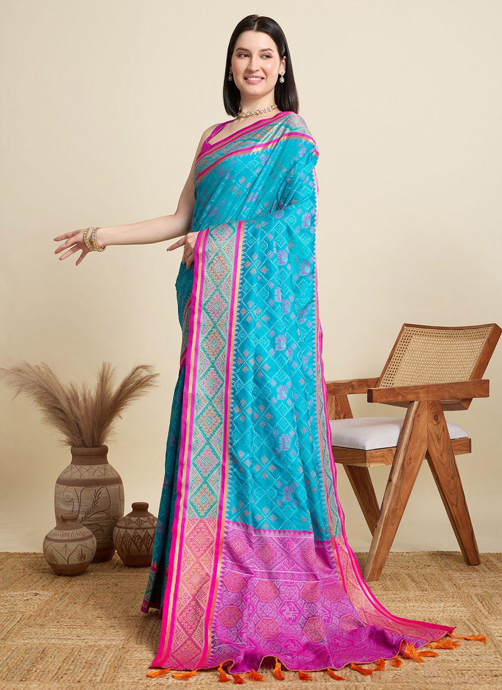 Aqua Blue Patola Silk Contemporary Saree Meenakari S15940