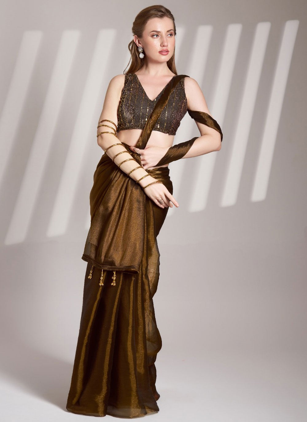 Contemporary Plain Brown Burburry Saree S13407