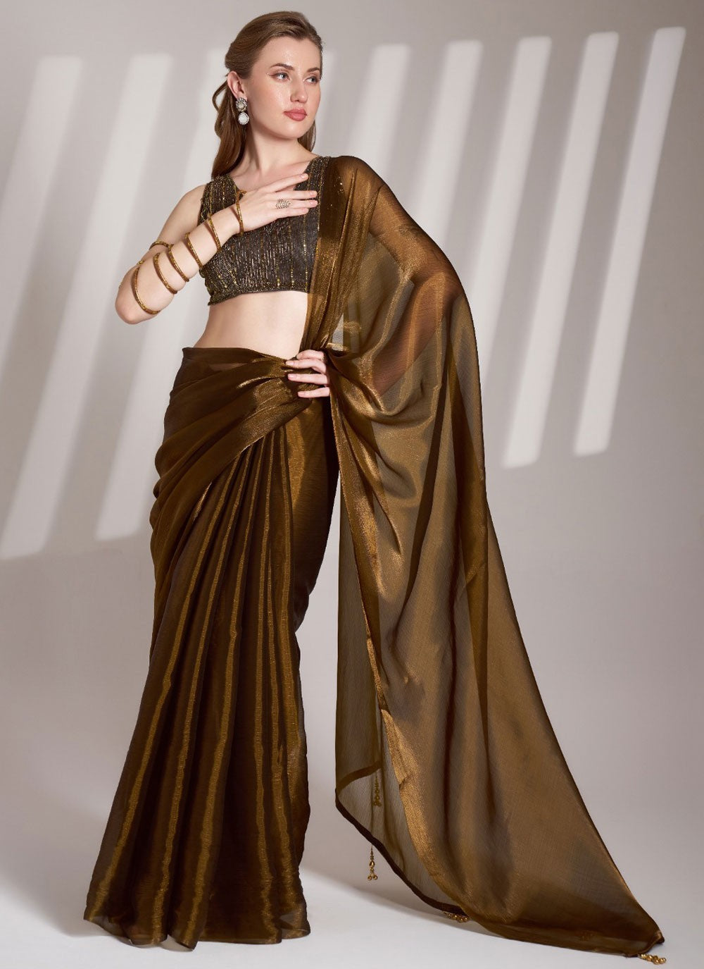 Contemporary Plain Brown Burburry Saree S13407