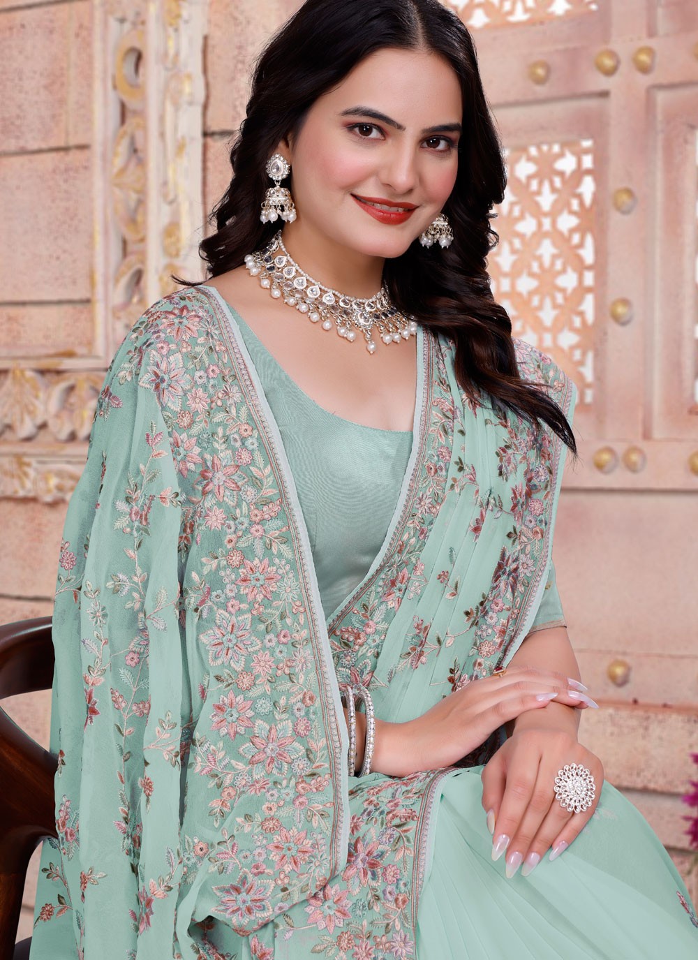 Embroidered Georgette Aqua Blue Saree S14837