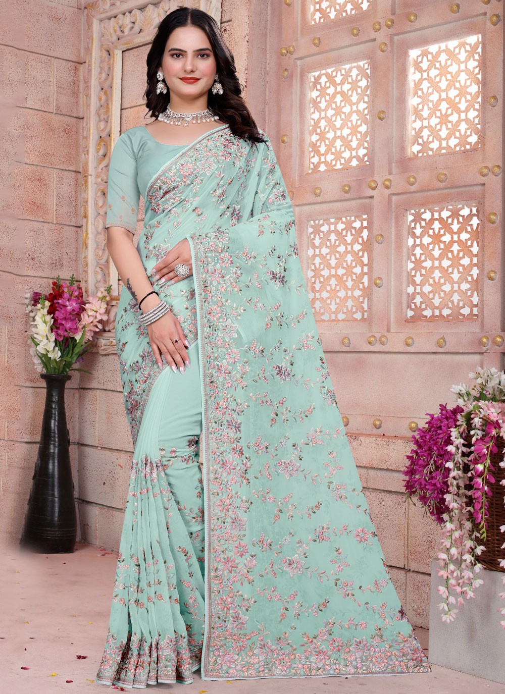 Embroidered Georgette Aqua Blue Saree S14837