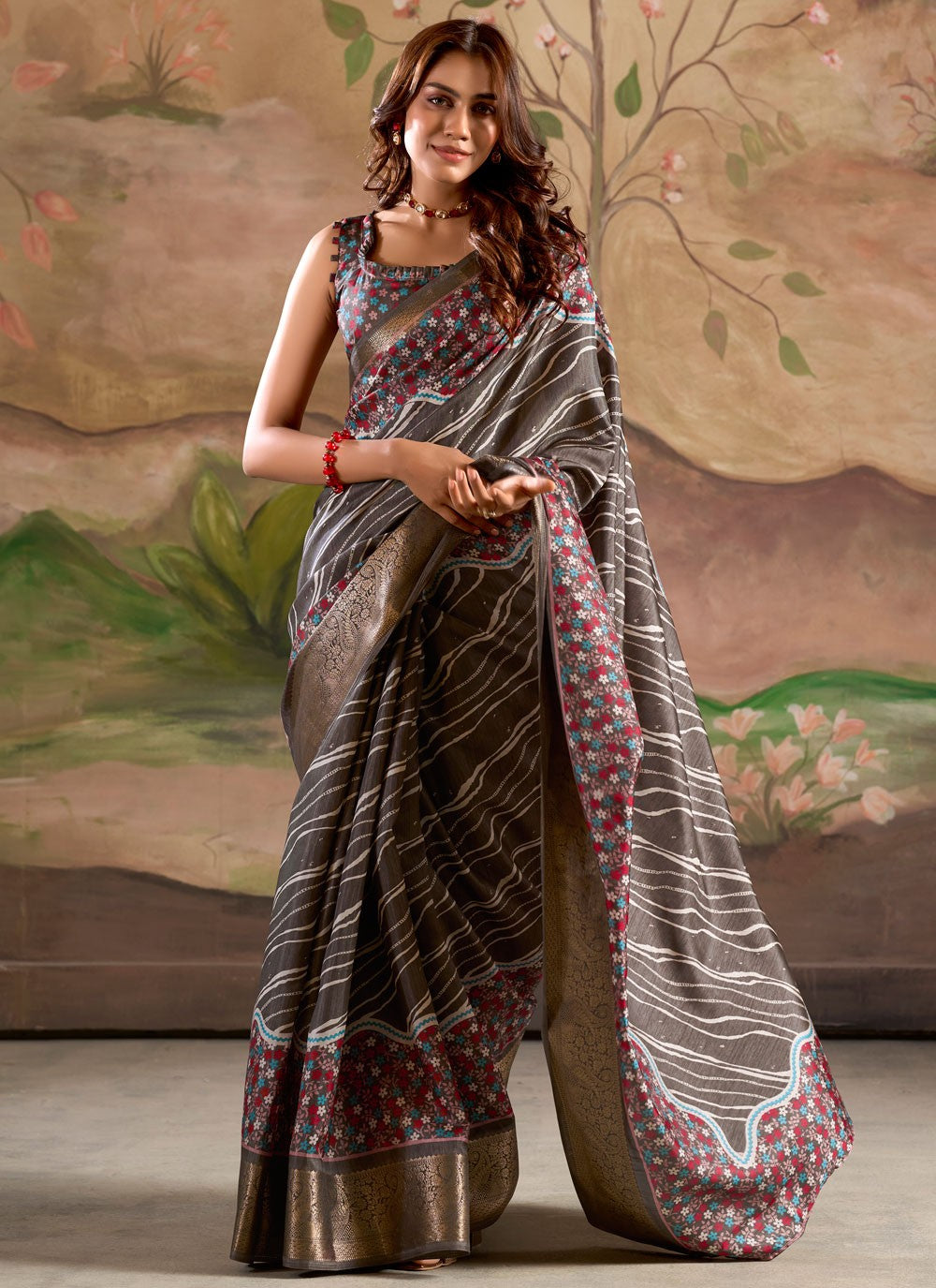 Border Work Pure Dola Grey Contemporary Saree S15044