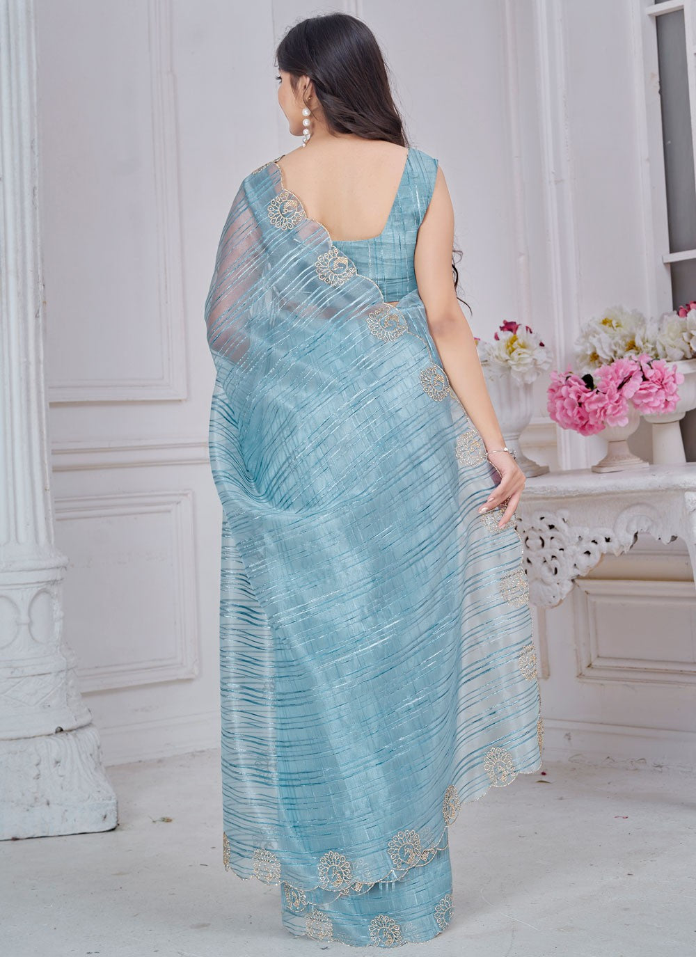 Cut Work Jacquard Blue Contemporary Saree S14970