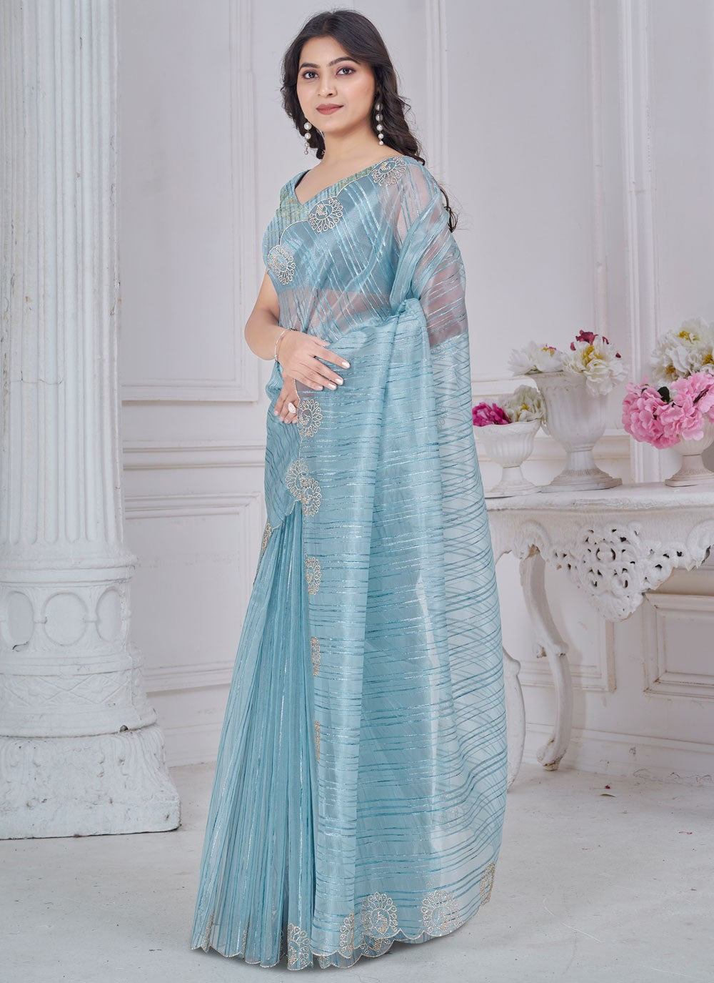 Cut Work Jacquard Blue Contemporary Saree S14970