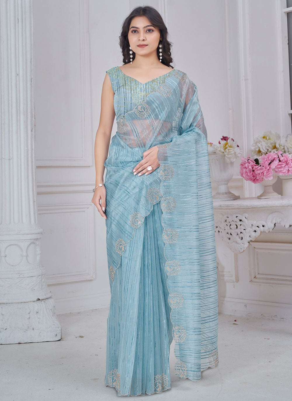 Cut Work Jacquard Blue Contemporary Saree S14970