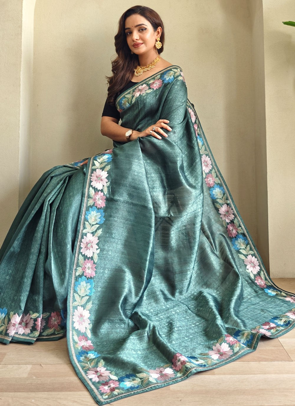 Teal Tussar Silk Contemporary Saree Border Work, Thread S17280