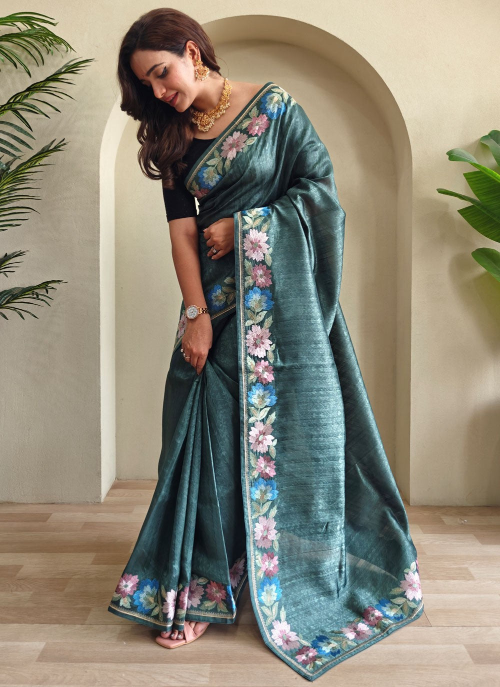 Teal Tussar Silk Contemporary Saree Border Work, Thread S17280