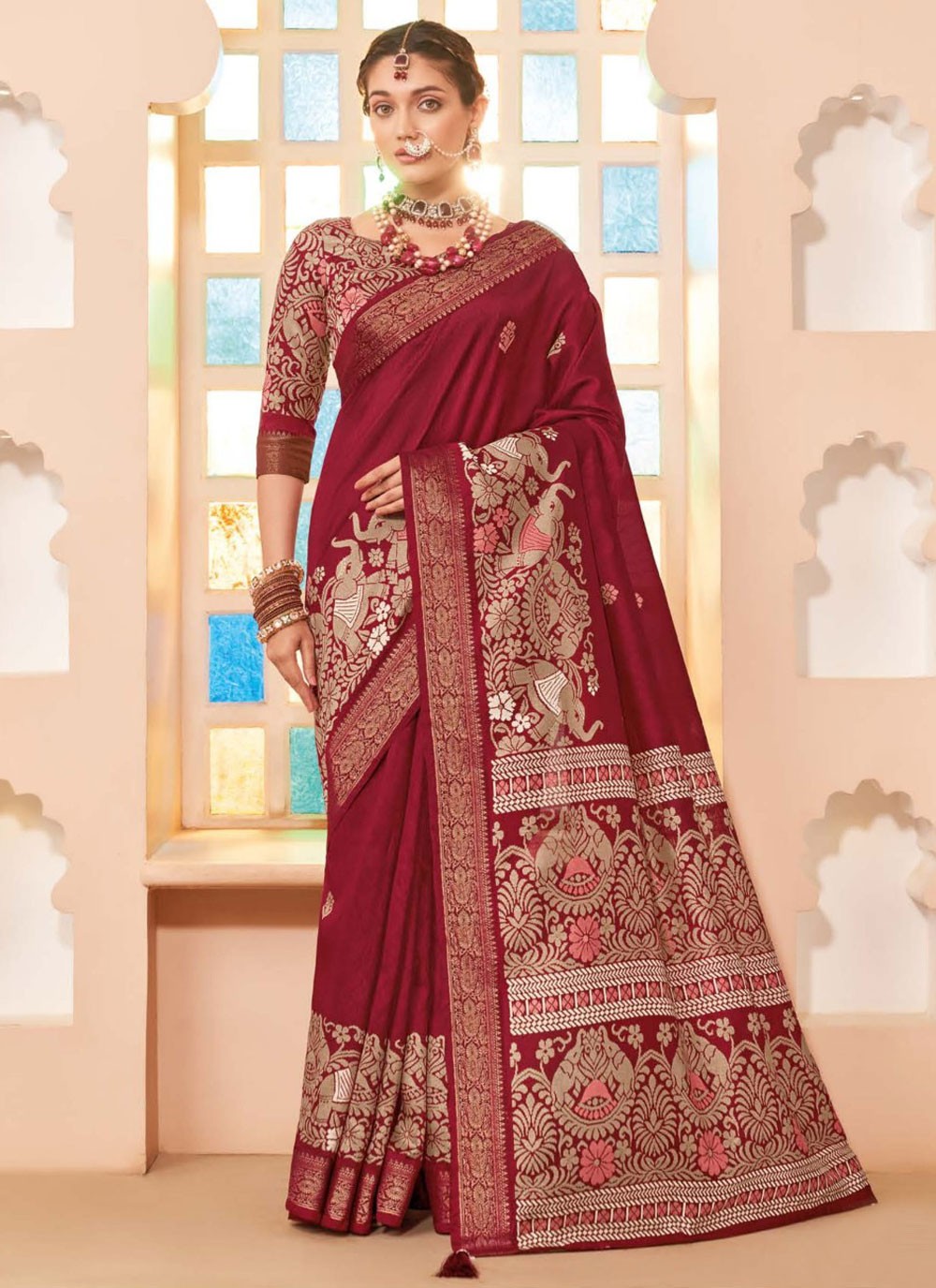 Contemporary Paisley Printed Maroon Silk S12797
