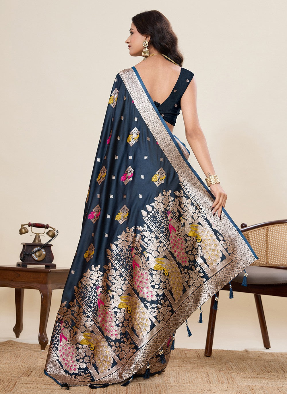 Blue Satin Silk Contemporary Saree Meenakari, Woven S19534
