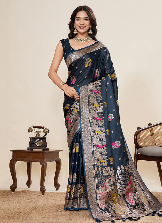 Blue Satin Silk Contemporary Saree Meenakari, Woven S19534