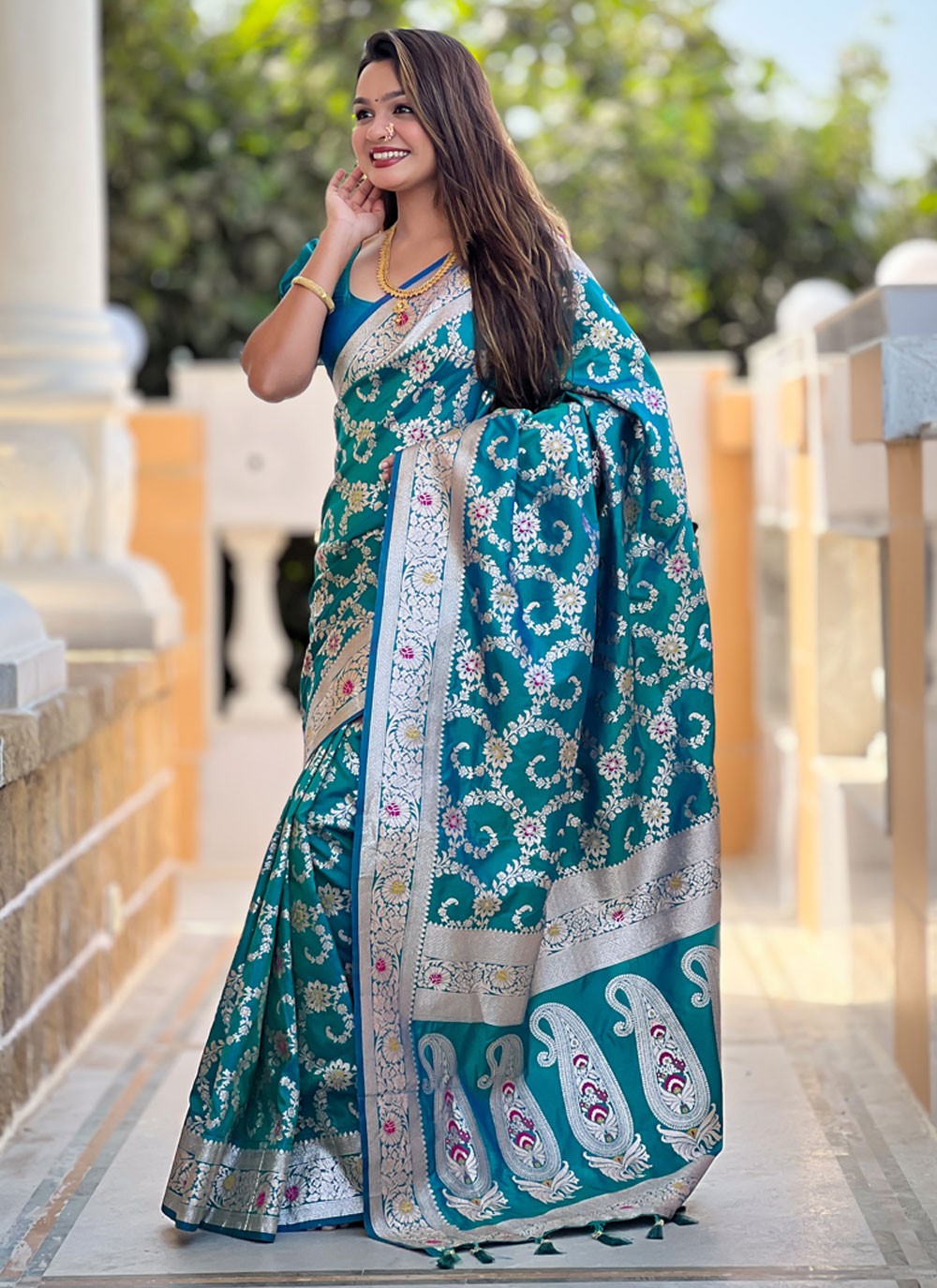 Meenakari Banarasi Silk Firozi Saree S14402