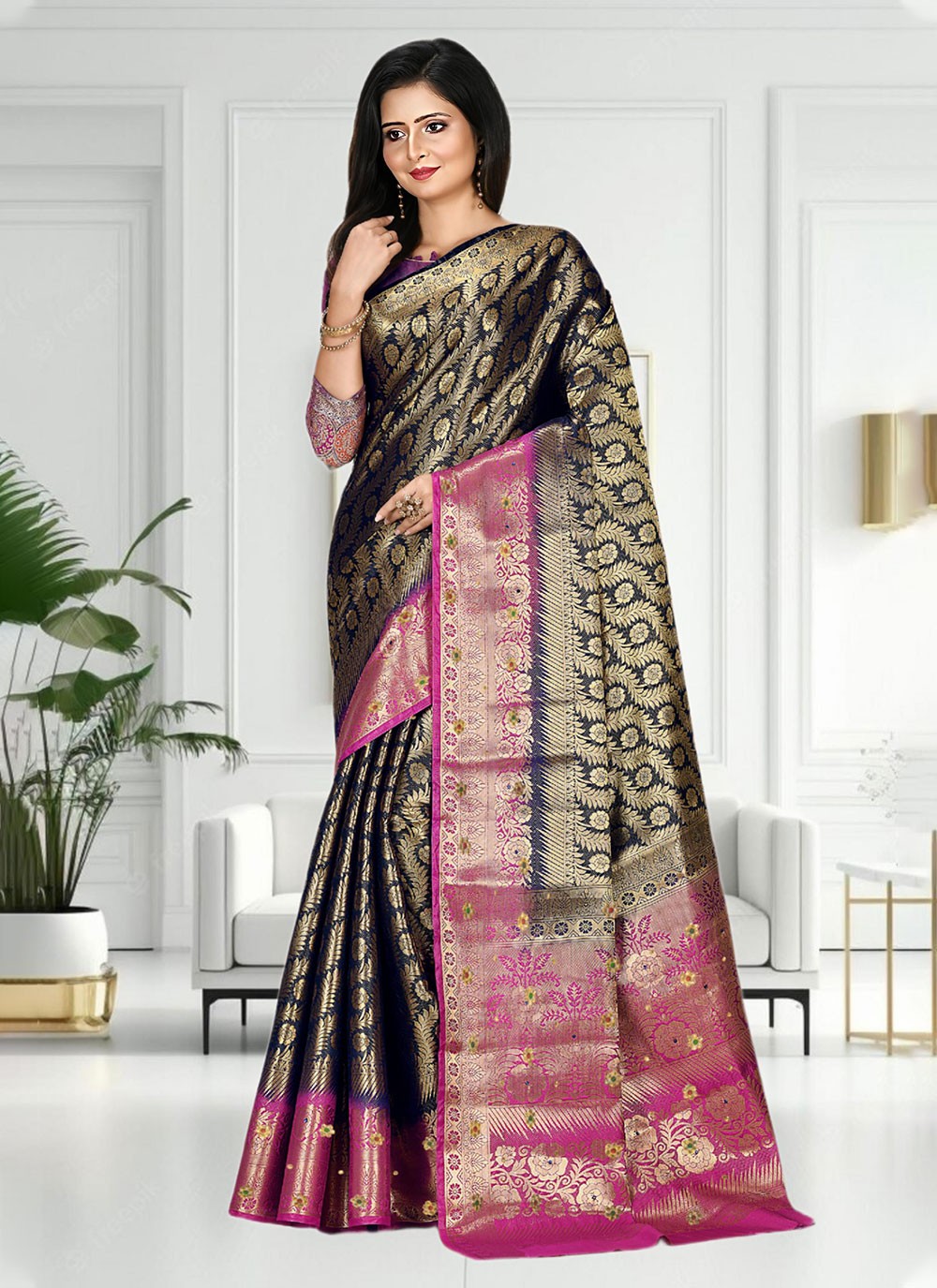 Classic Hand Embroidery Brasso Saree - S4738