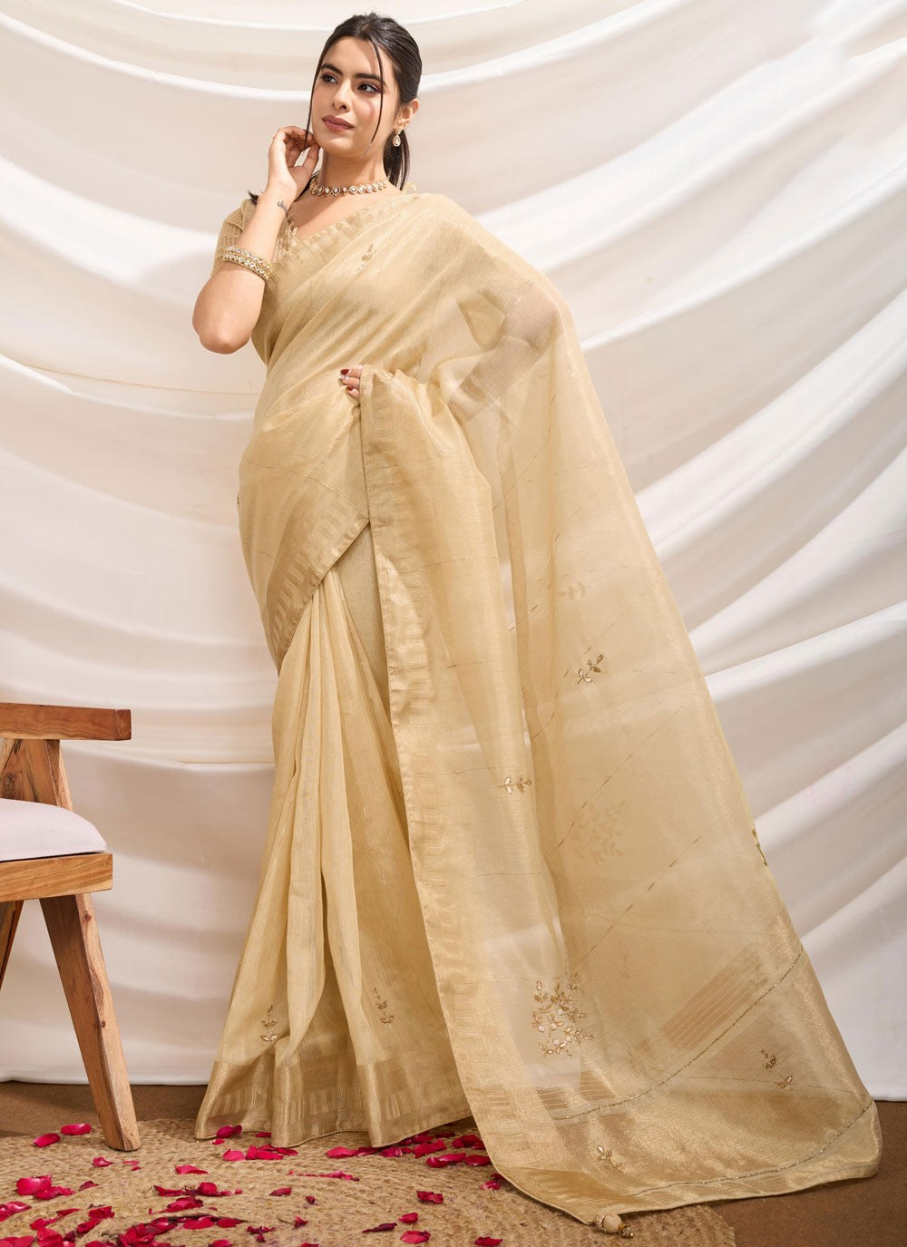 Embroidered Linen Cream Contemporary Saree S14848