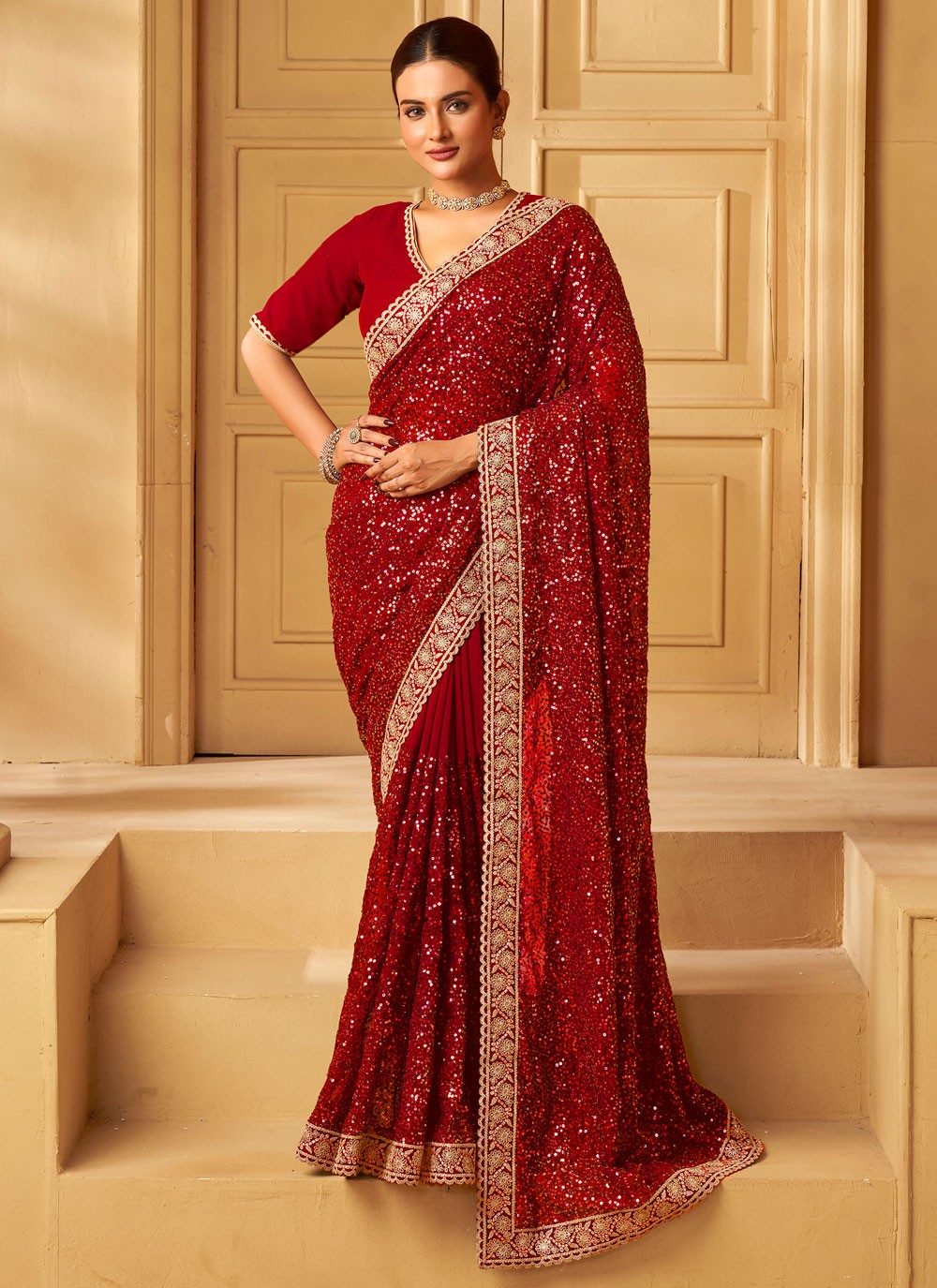 Red Georgette Contemporary Saree Cord, Embroidered, Sequins, Thread, Zari S19355