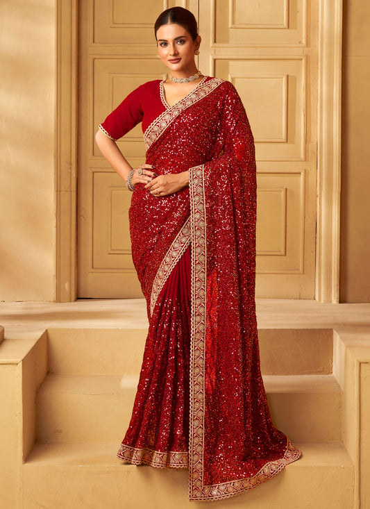 Red Georgette Contemporary Saree Cord, Embroidered, Sequins, Thread, Zari S19355