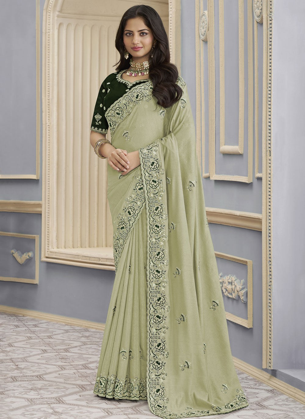 Green Georgette Contemporary Saree Beads, Cord, Embroidered, Thread S17026