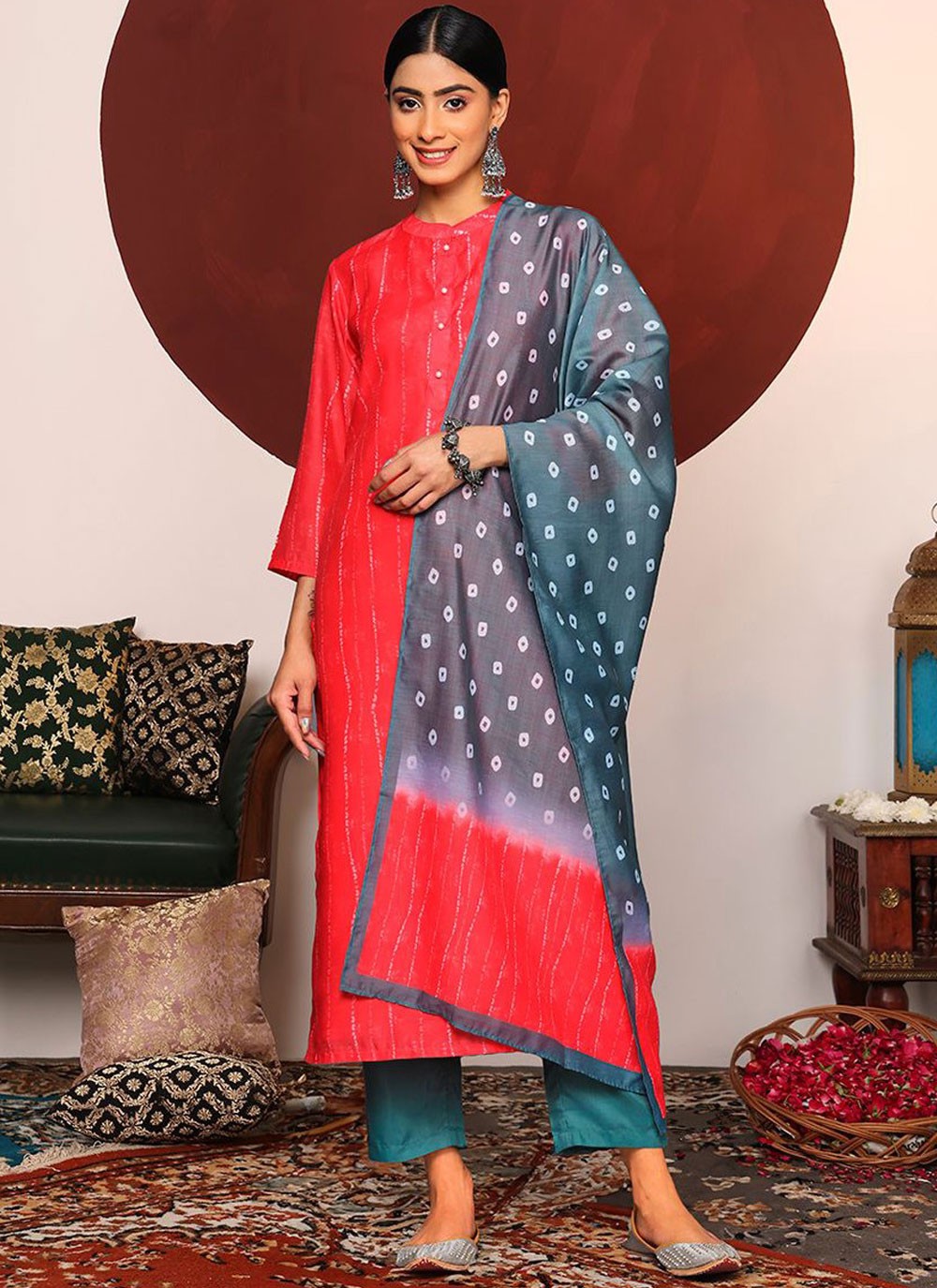 Salwar Suit Abstract Print Orange Cotton T5281