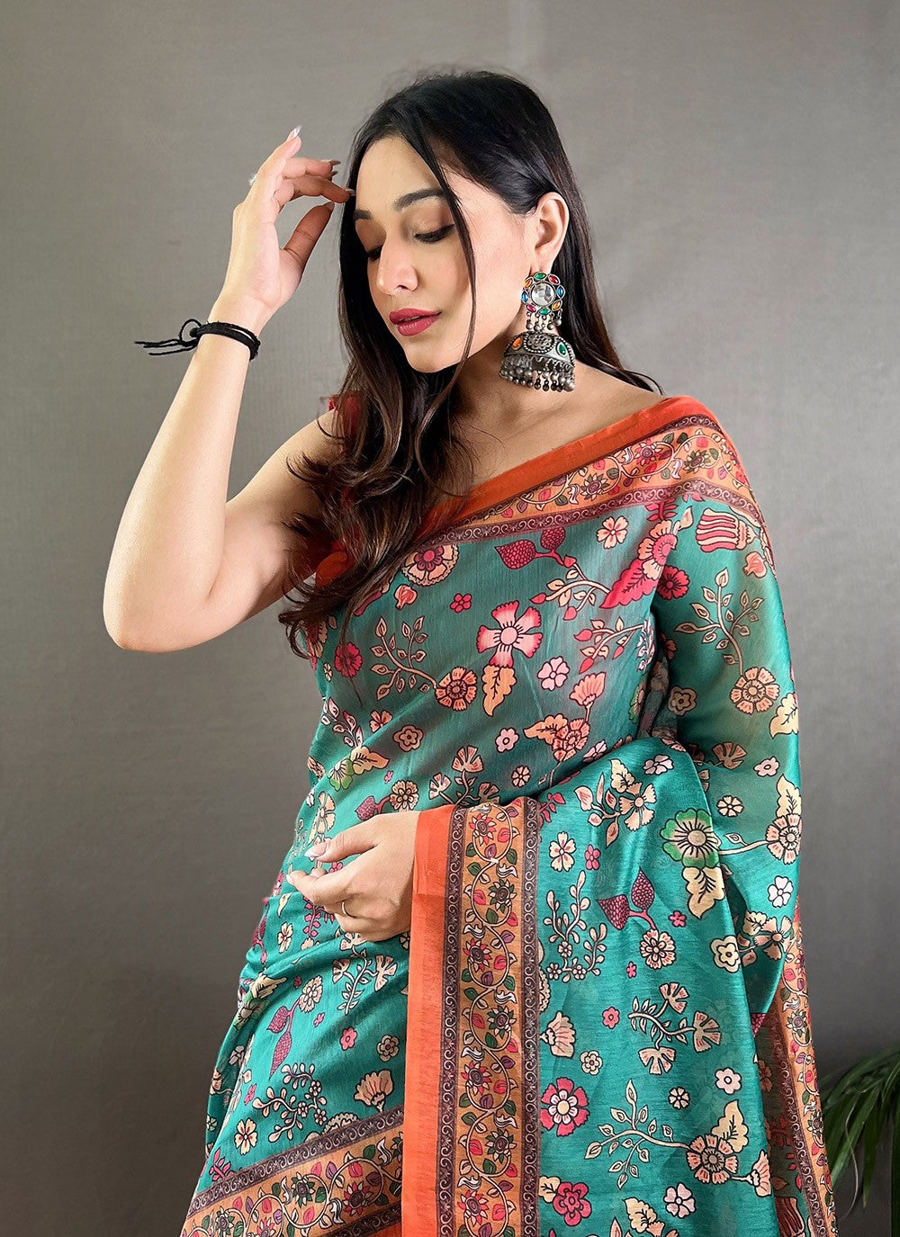 Classic Saree Floral Printed Aqua Blue Cotton Saree S13685