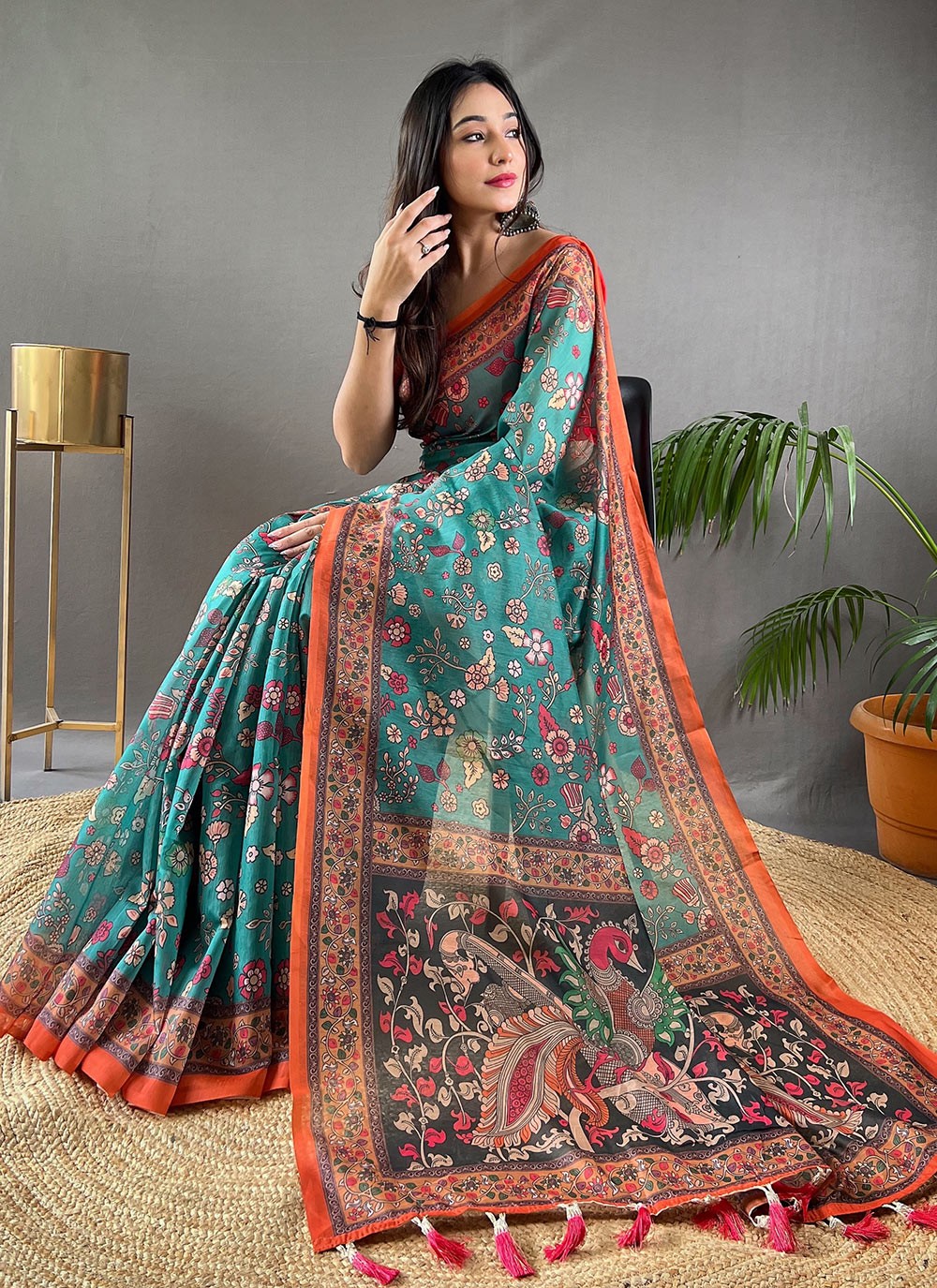 Classic Saree Floral Printed Aqua Blue Cotton Saree S13685