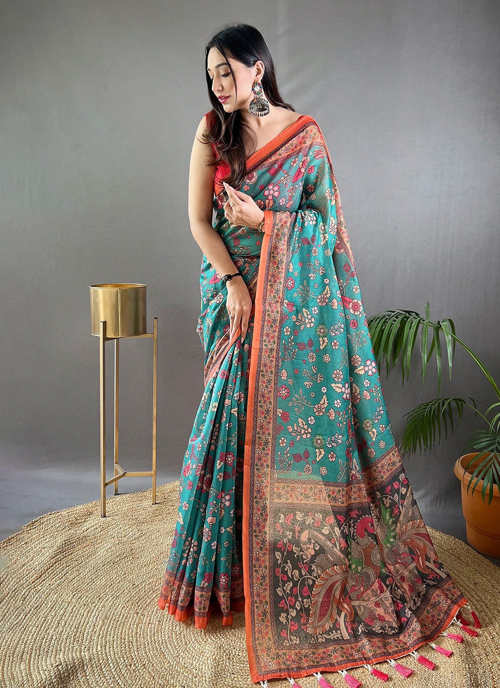 Classic Saree Floral Printed Aqua Blue Cotton Saree S13685